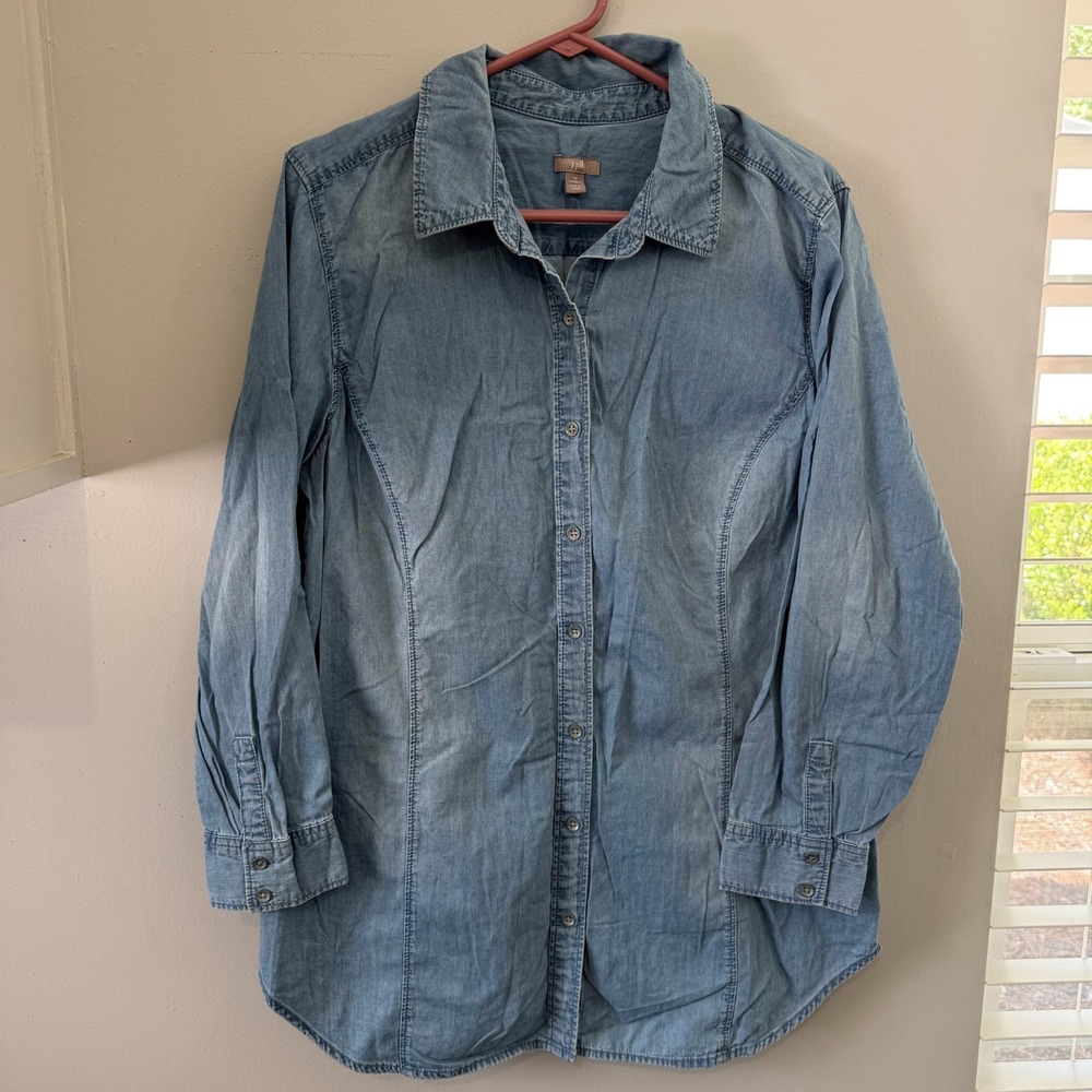 J. Jill Chambray Button Up Top Women's Size 1X Blue Slim Long Sleeve Cowgirl